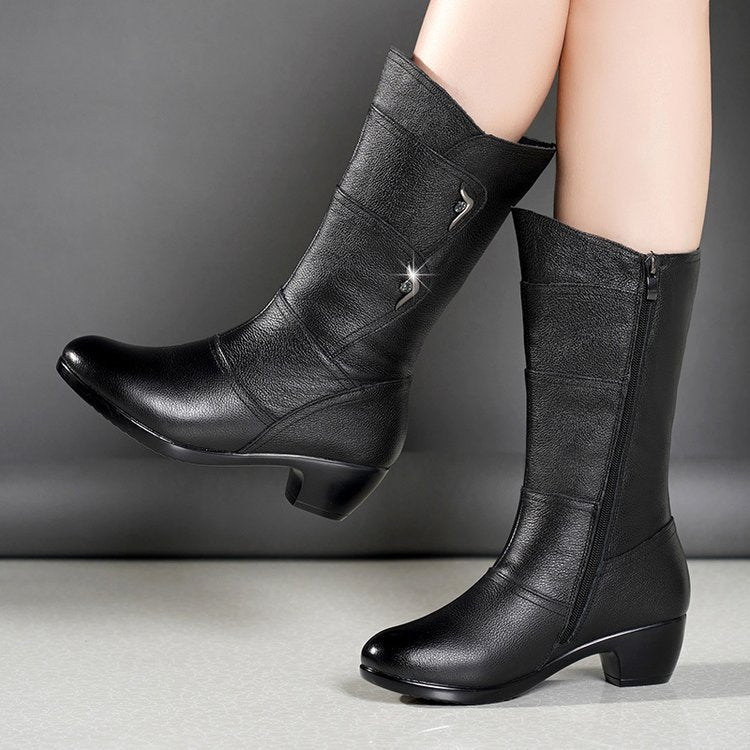 Dorelline - Women's Mid-Calf Ankle Boots with Chunky Heel